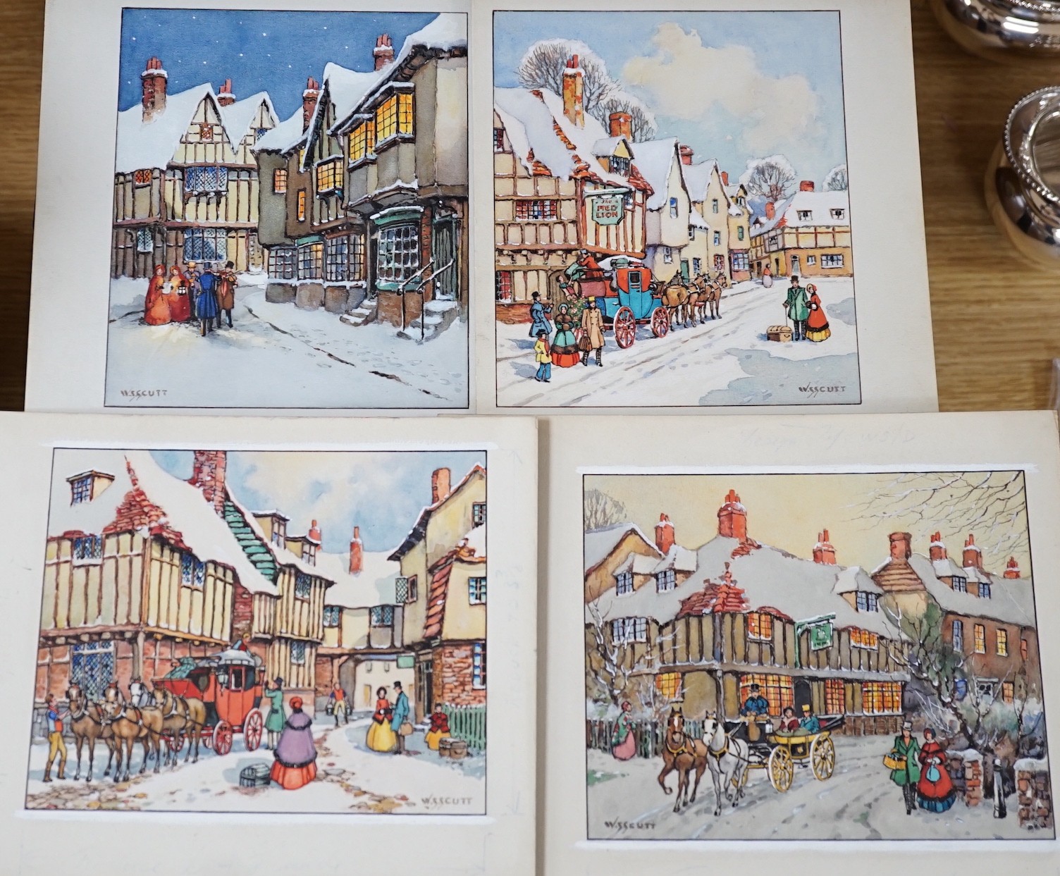 W.S. Scutt, ink and watercolour, vintage greeting card designs, Victorian winter scenes, overall 24 x 20cm, unframed, together with two Savile Lumley vintage Christmas card designs, Victorian coaching scenes, signed, lar